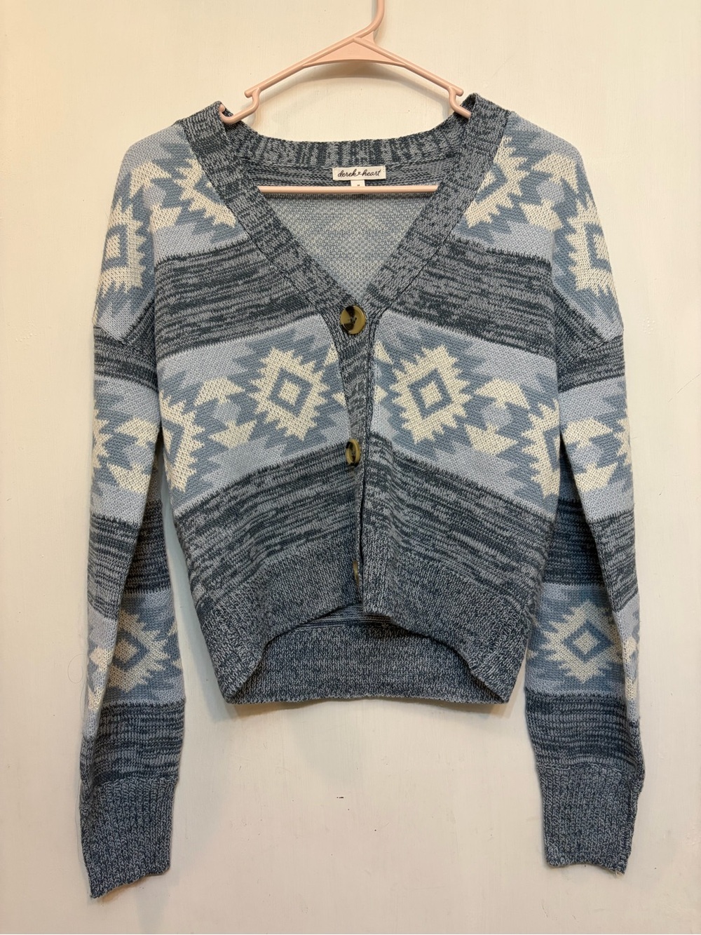 Derek Heart Blue and Cream Geometric V-Neck Button Cardigan